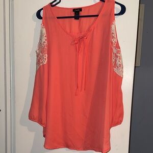 Justify Coral Cold-Shoulder Blouse with Cream Lace Accents